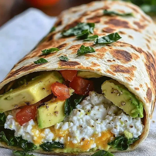 High-protein breakfast wrap with cottage cheese, avocado, and fresh vegetables.