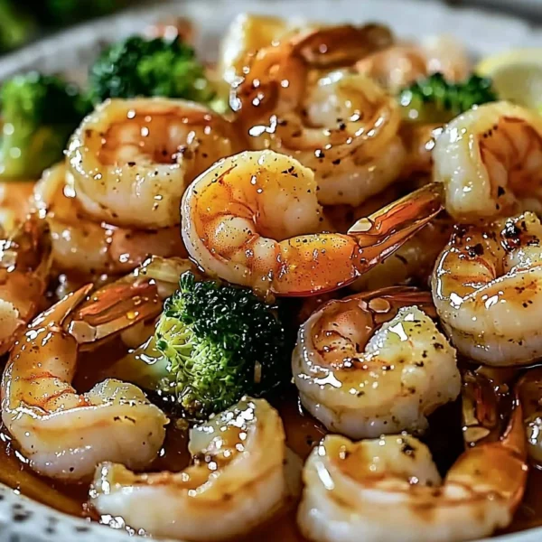 Delicious honey garlic shrimp served over rice with vegetables
