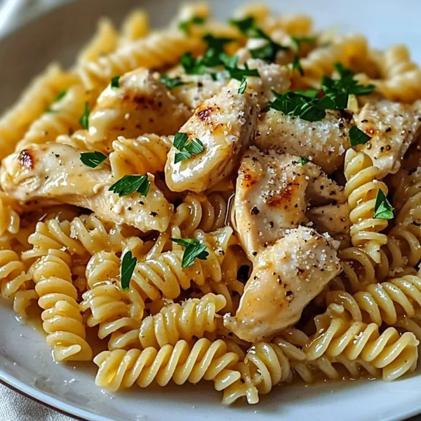 Honey Garlic Chicken Pasta served in a bowl with herbs and vegetables