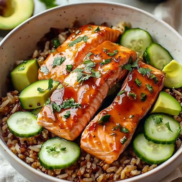 A colorful honey glazed salmon bowl topped with vegetables and garnished with herbs.