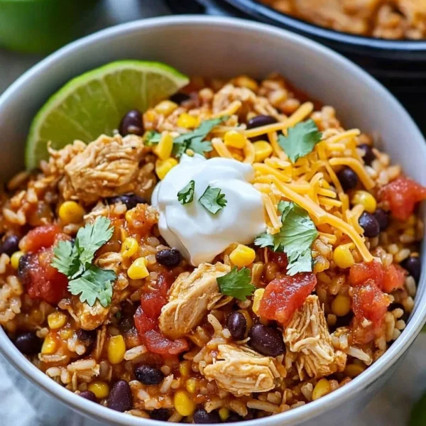 Instant Pot chicken burrito bowls topped with fresh ingredients in a bowl.