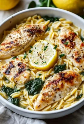 Bowl of Lemon Chicken Orzo with lemon slices and fresh herbs