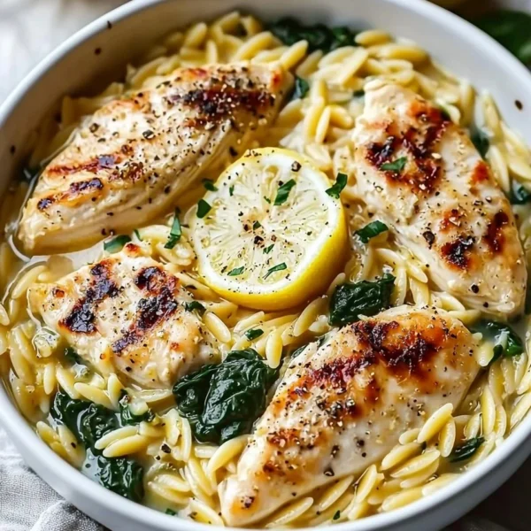 Bowl of Lemon Chicken Orzo with lemon slices and fresh herbs