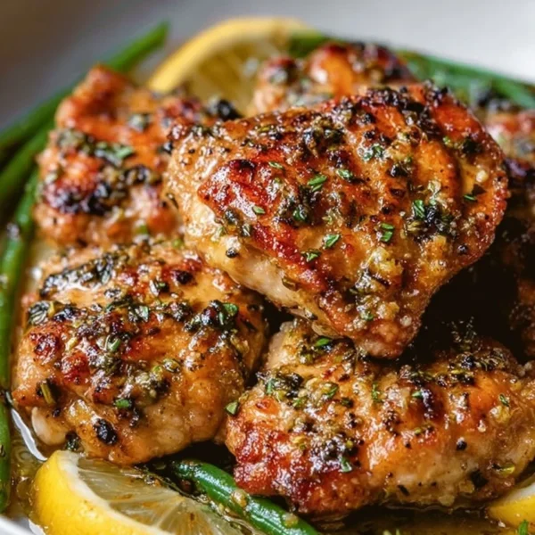 Lemon Garlic Butter Chicken Thighs plated with fresh herbs and lemon wedges.