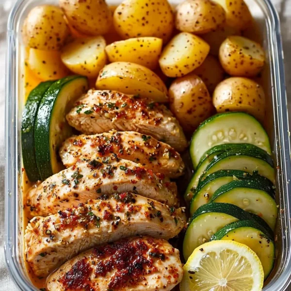 Lemon garlic chicken meal prep with fresh herbs and vegetables