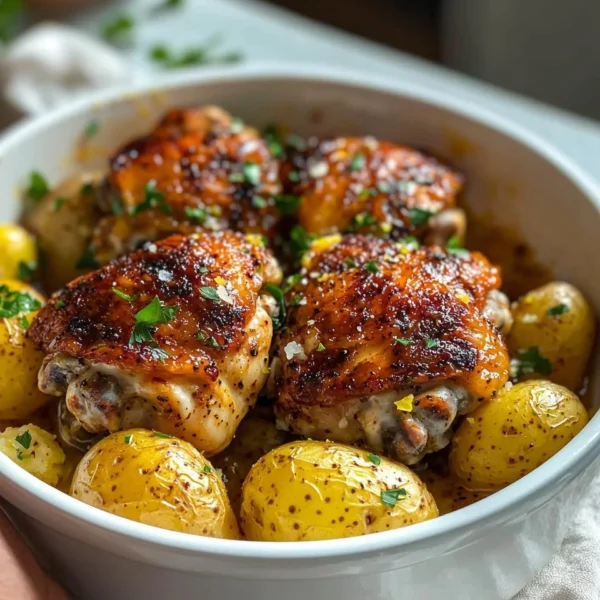 Delicious lemon garlic parmesan chicken thighs served with fresh herbs.