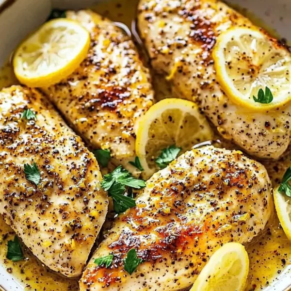 Delicious Lemon Pepper Chicken garnished with lemon slices and herbs