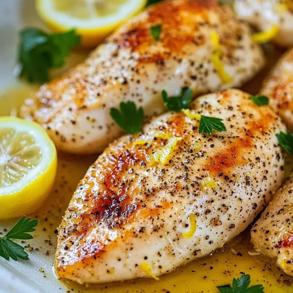 Plate of Lemon Pepper Chicken Breast garnished with herbs