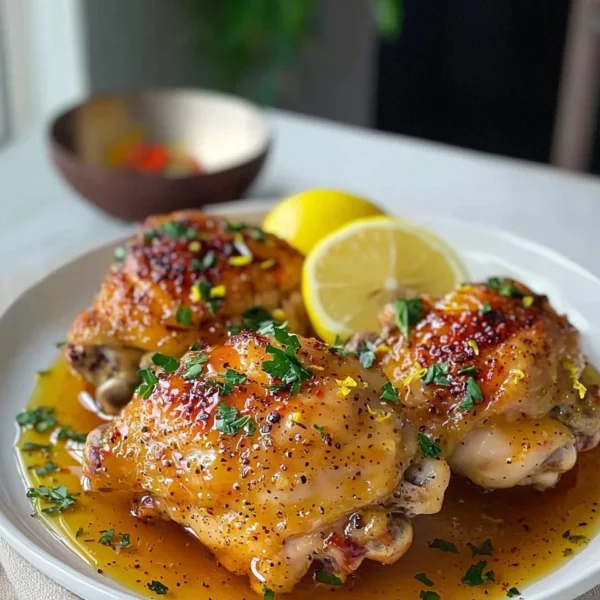 Delicious lemon pepper chicken thighs cooked to perfection with herbs and spices.