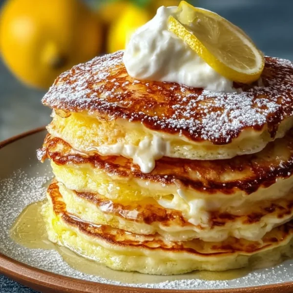 Delicious lemon ricotta pancakes served with a drizzle of syrup and fresh berries