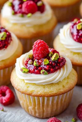 Moist lemon cupcakes topped with raspberry filling and a dusting of powdered sugar