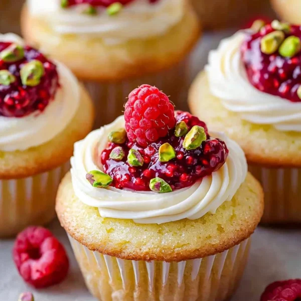 Moist lemon cupcakes topped with raspberry filling and a dusting of powdered sugar