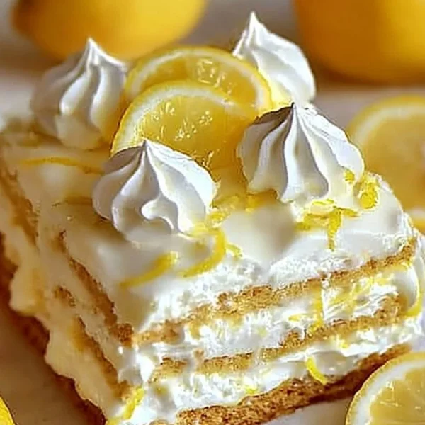 No-bake lemon eclair cake ready to serve with lemon slices on top
