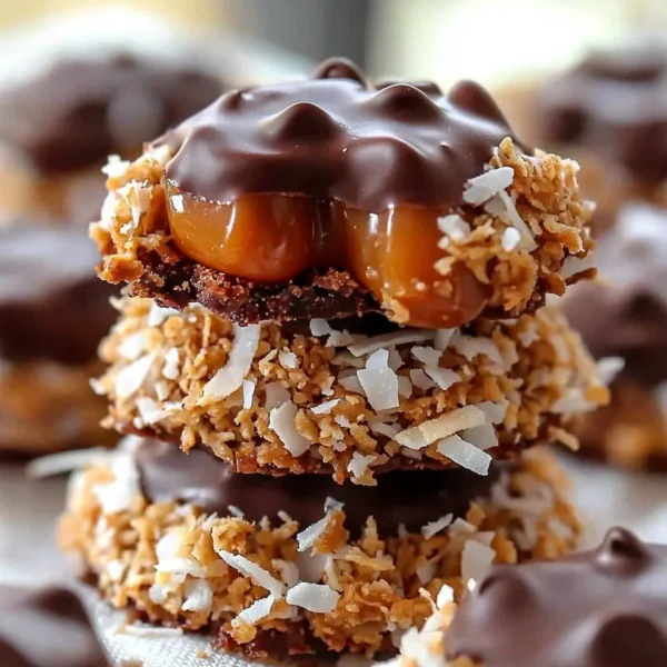 Plate of homemade No Bake Samoa Cookies with chocolate, caramel, and coconut