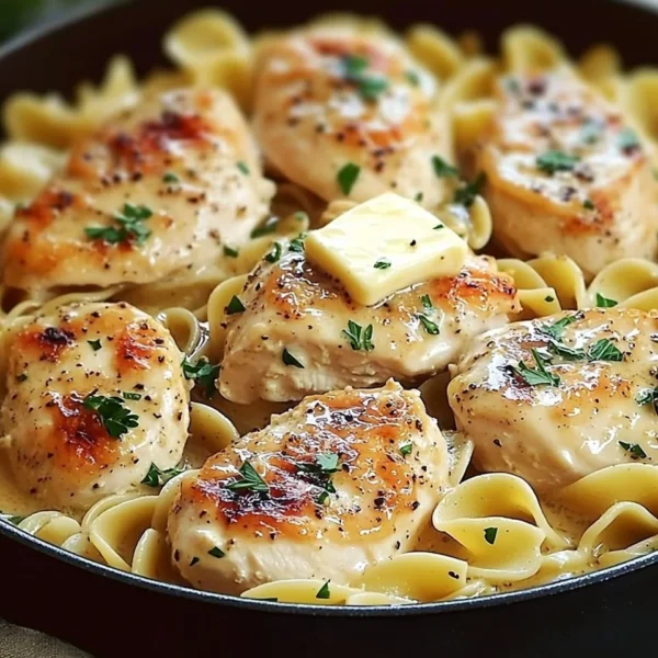 One-Pan Chicken with Buttered Noodles in a skillet