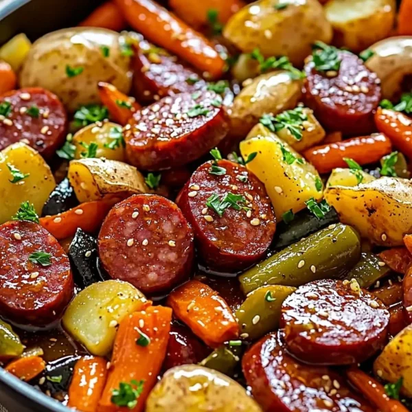 One-Pan Honey Garlic Kielbasa with mixed vegetables served on a plate