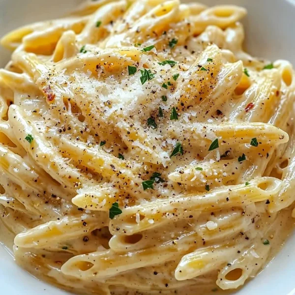 One pot creamy garlic pasta with fresh herbs and garlic in a bowl
