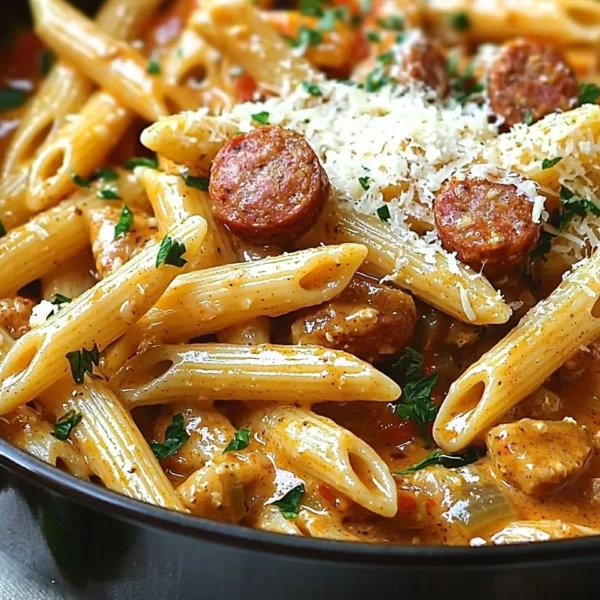 One-Pot Creamy Spicy Cajun Sausage Pasta served in a bowl