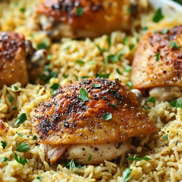 Oven-baked chicken served with rice on a rustic wooden table.