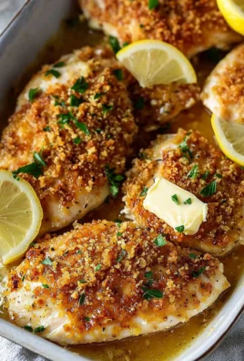 Parmesan-Crusted Chicken with lemon, golden and crispy on a plate