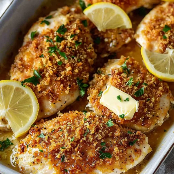 Parmesan-Crusted Chicken with lemon, golden and crispy on a plate