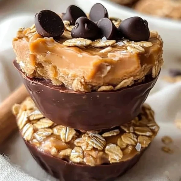 Peanut Butter Oat Cups with chocolate drizzle on a plate