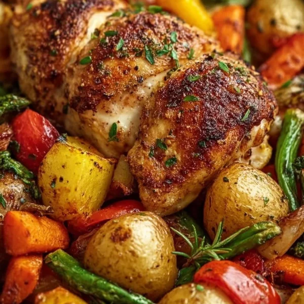 Roasted garlic chicken served with colorful vegetables on a plate