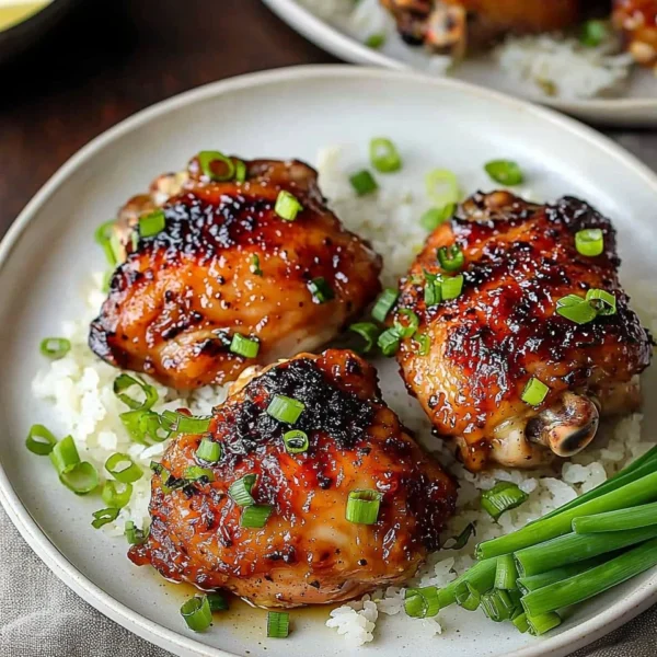 Plate of roasted miso chicken thighs garnished with herbs