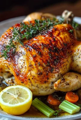 Perfectly roasted whole chicken on a platter with herbs and spices