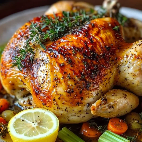 Perfectly roasted whole chicken on a platter with herbs and spices