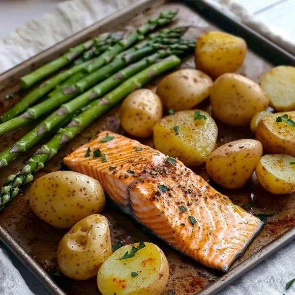 Delicious salmon sheet pan meal with potatoes and asparagus for a healthy dinner.