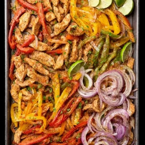 Sheet pan chicken fajitas with colorful peppers and onions ready to serve