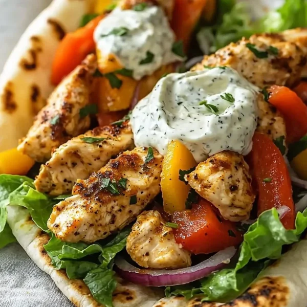 Sheet pan chicken pitas with herby ranch sauce and fresh vegetables.