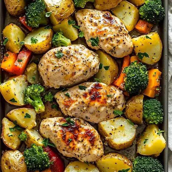 Sheet pan garlic butter chicken with colorful veggies ready for the oven