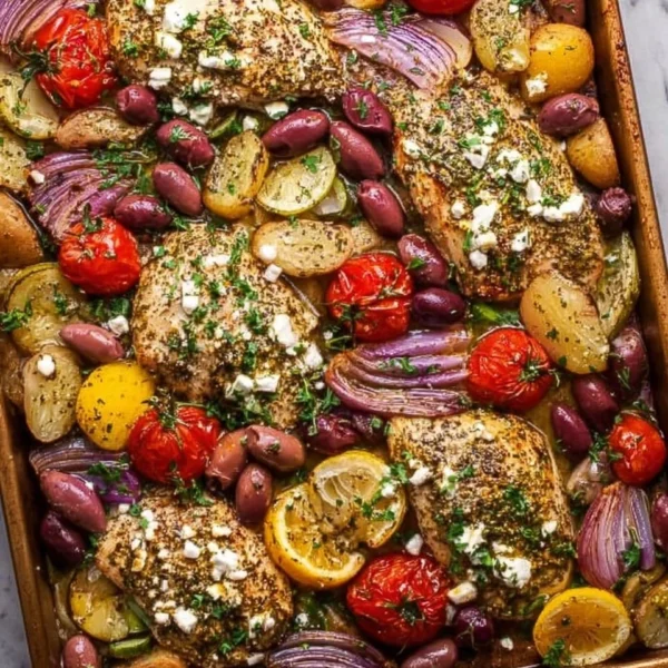 Sheet Pan Greek Chicken with vibrant vegetables and herbs