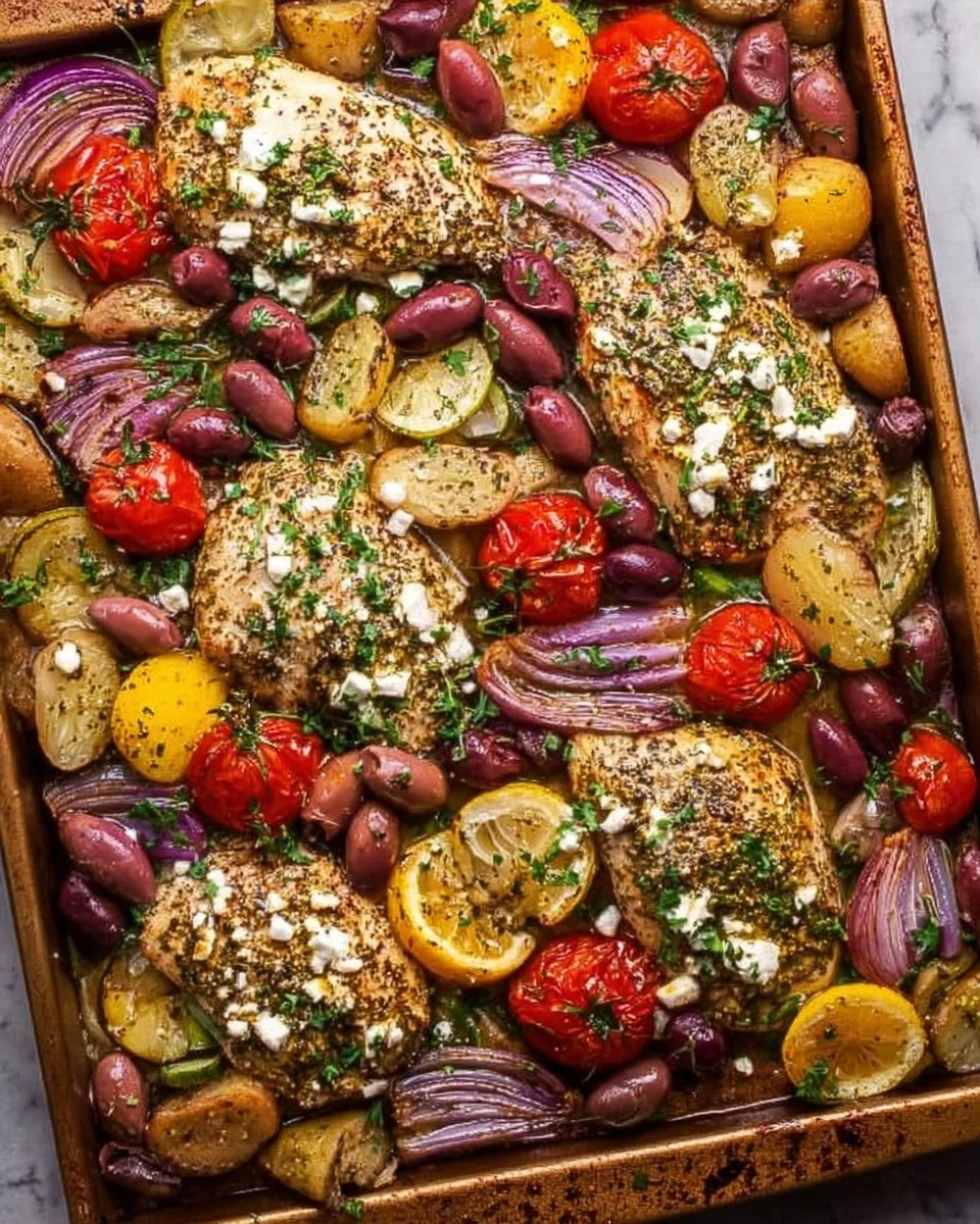 Sheet Pan Greek Chicken with vibrant vegetables and herbs