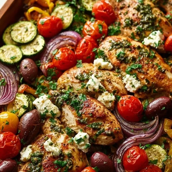 Sheet pan Mediterranean chicken with colorful vegetables and herbs.