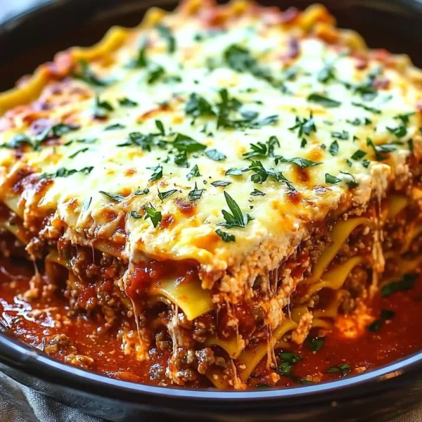 Delicious simple Crockpot Lasagna in a slow cooker with layered pasta and cheese.