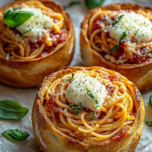 Delicious spaghetti garlic bread bowls served with fresh herbs