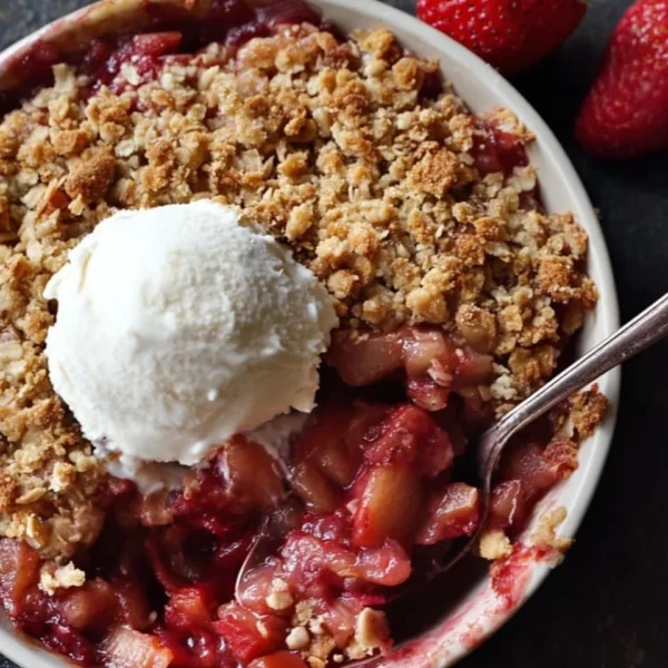 Delicious strawberry rhubarb crisp dessert topped with crunchy oat topping