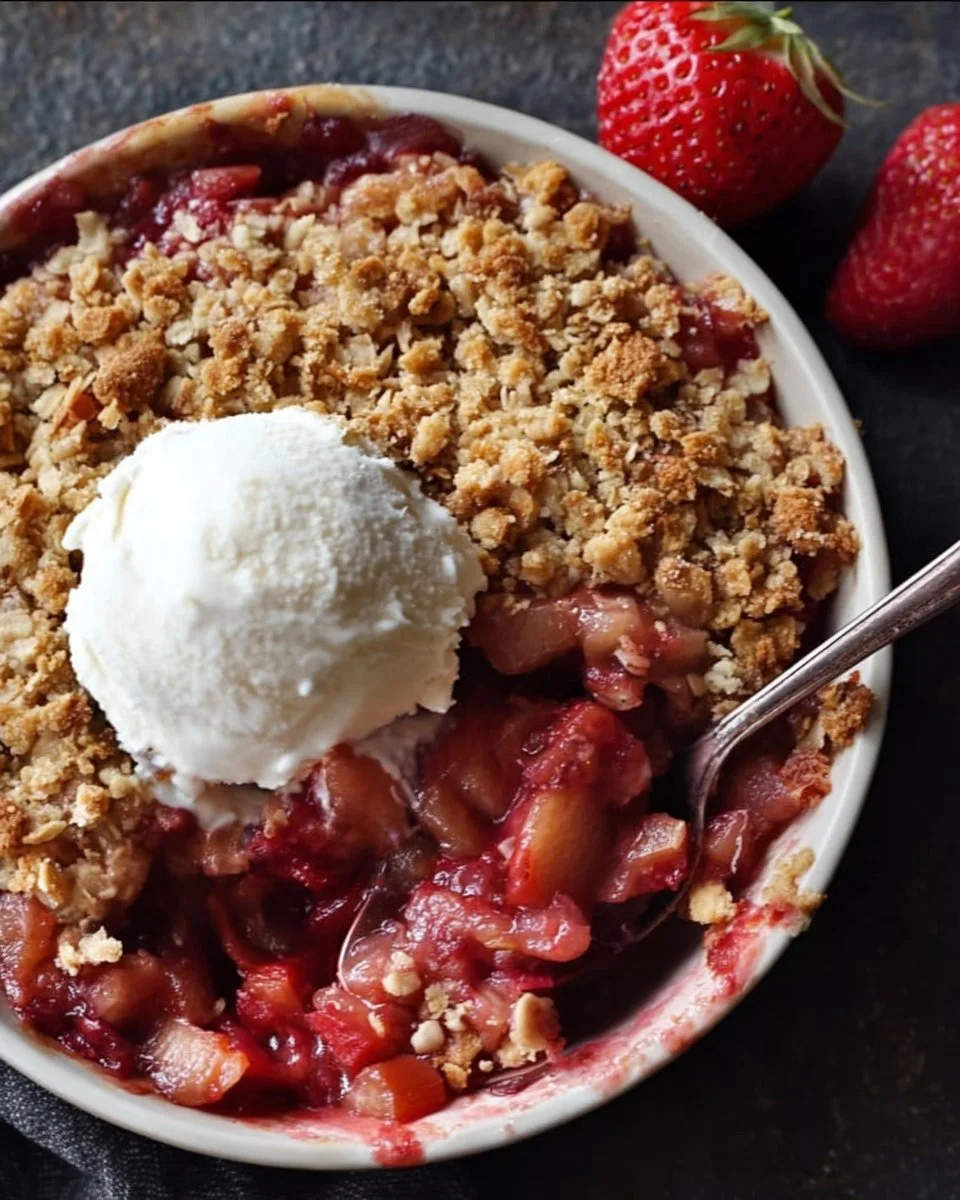 Delicious strawberry rhubarb crisp dessert topped with crunchy oat topping