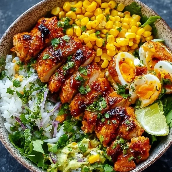 Delicious Street Corn Chicken Rice Bowl topped with fresh ingredients and spices.