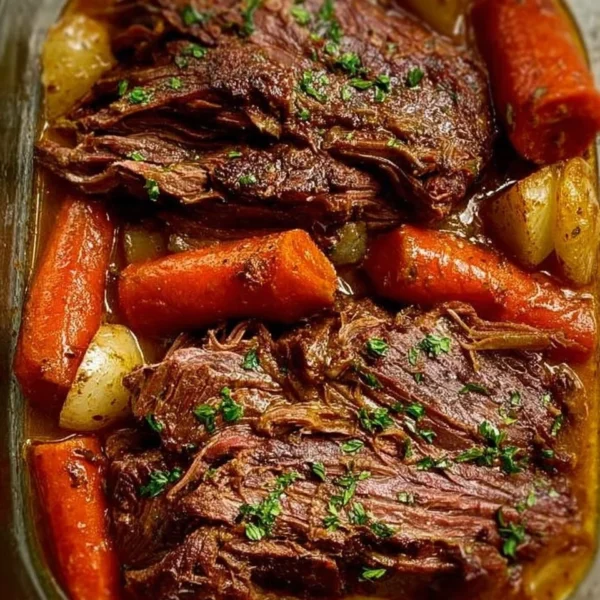 Tender pot roast served with vegetables and gravy