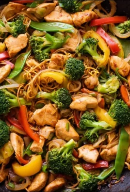 Colorful chicken stir fry with vegetables in a wok