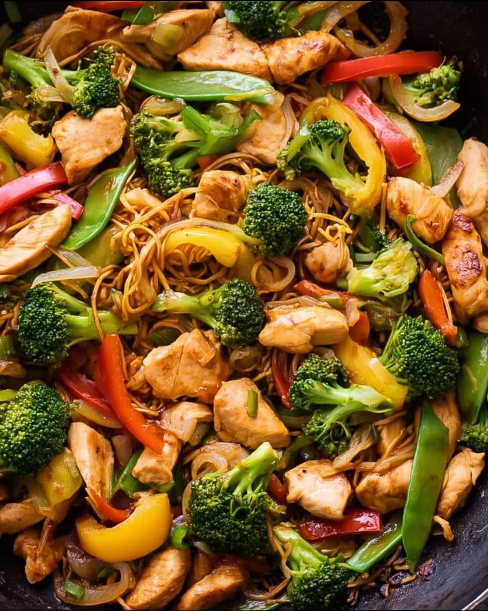 Colorful chicken stir fry with vegetables in a wok