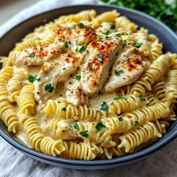 Creamy garlic parmesan chicken pasta garnished with parsley and served in a bowl.