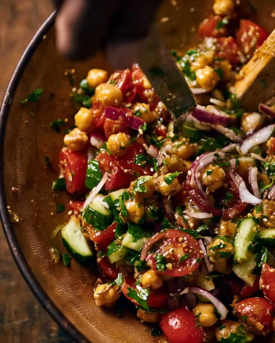 A bowl of Turkish Chickpea Salad with fresh vegetables and herbs.