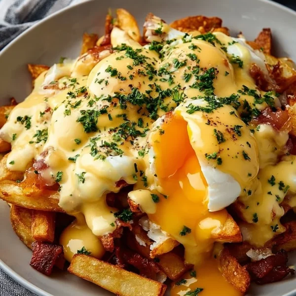 Ultimate breakfast poutine topped with creamy hollandaise sauce