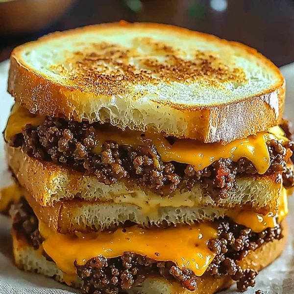 Ultimate cheesy ground beef melt served with toppings.