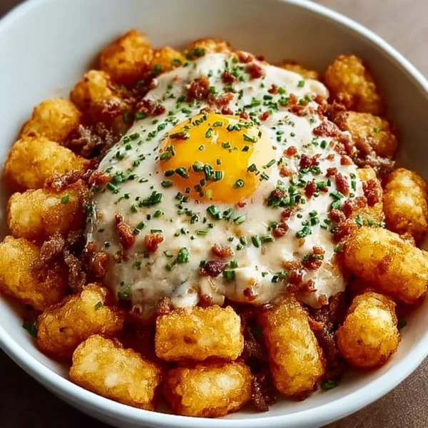 Ultimate Tater Tot Breakfast Bowl with eggs, bacon, and cheese